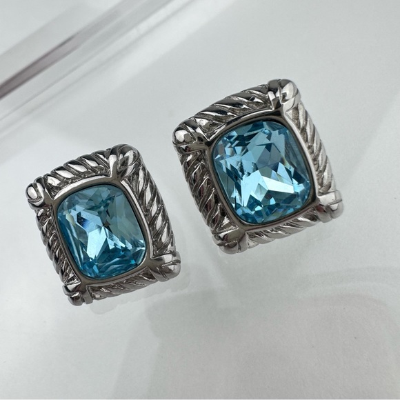 Vintage 90s DSMK Faceted Aqua CZ Silver Plated Stud Earrings - Picture 6 of 11